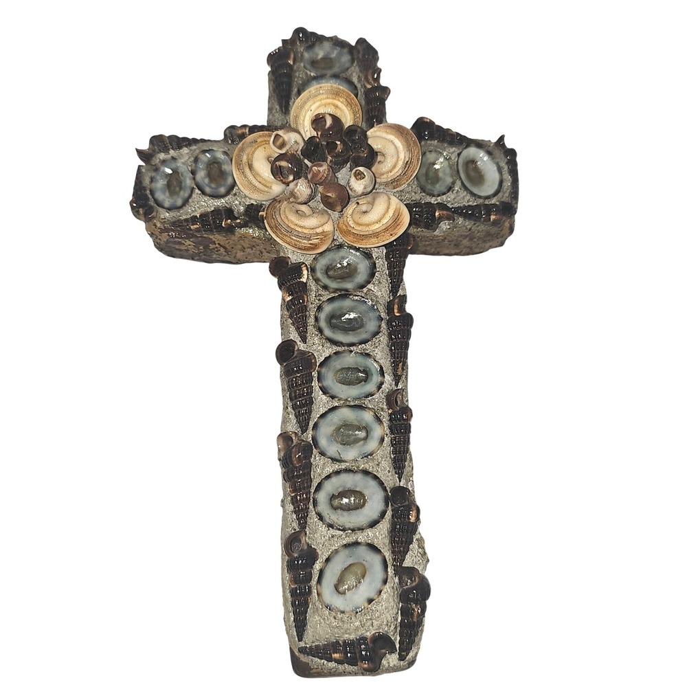 Vintage‎ Handmade Seashell Wall Cross Religious Coastal Beach House Decor 8 Inch